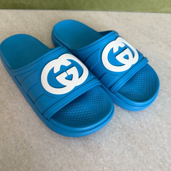 GUCCI 780296 Blue Rubber Men's GG Sandals, sz Gucci 7, 6 - Picture 1 of 11